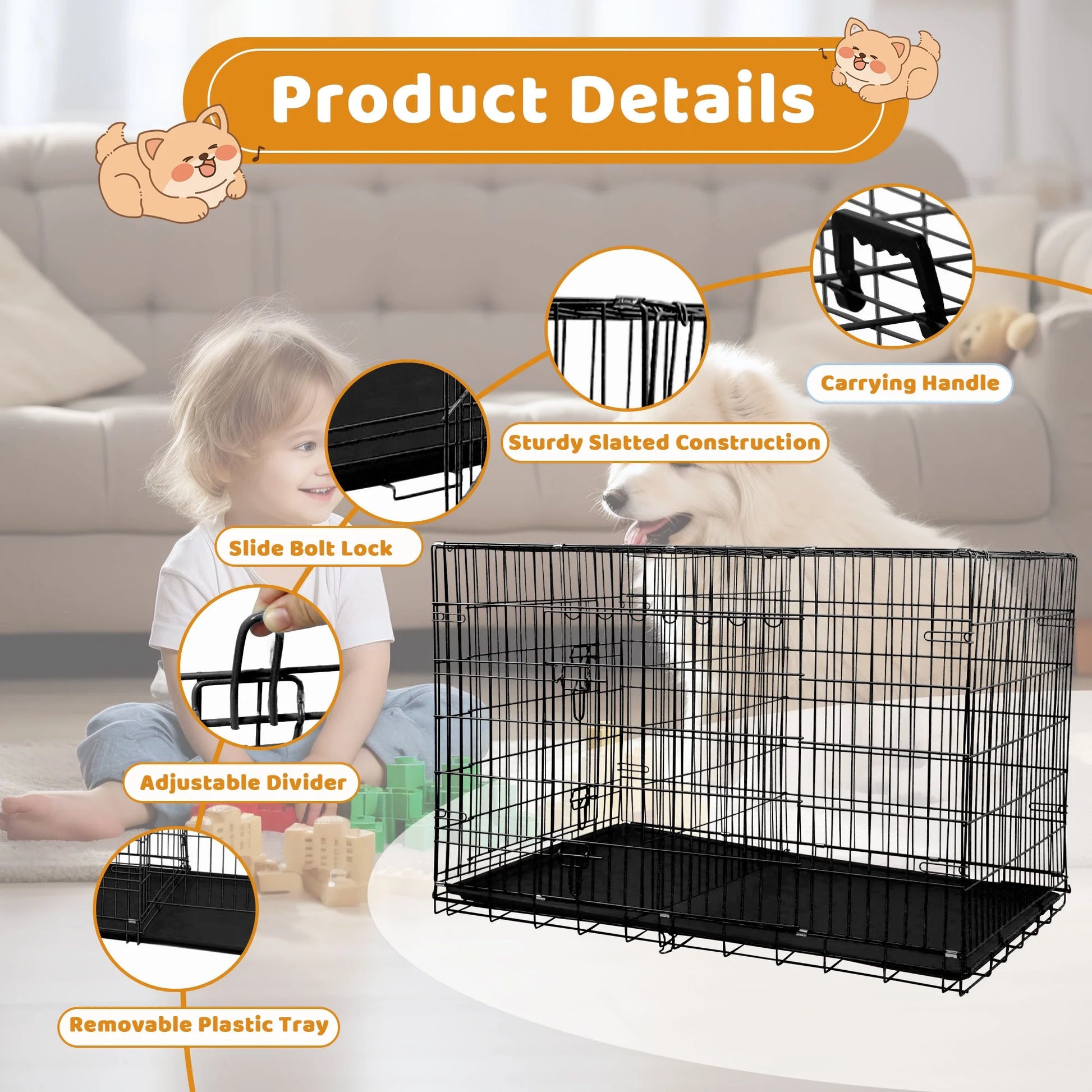 48 Inch Dog Crate, Dog Crates and Kennels for Big Dog Foldable Large Dog Crate for Large Dogs with Handle Double-Door Outdoor Metal Wire Dog Cage with Plastic Tray for Medium Dogs, Black